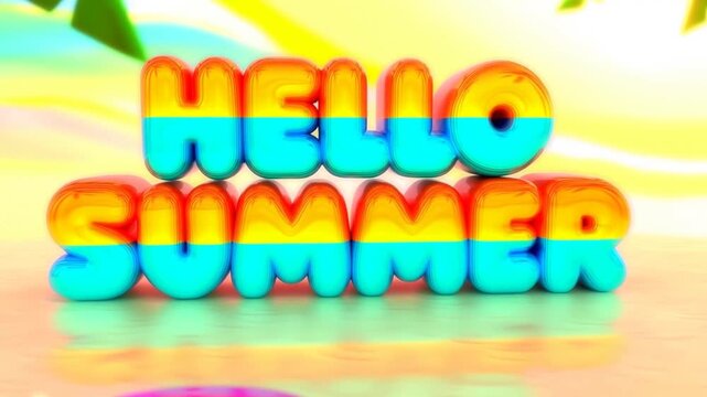 Dolly in slow motion closeup of 3d inflatable hello summer text floating on shallow tropical beach shoreline with palm leaves