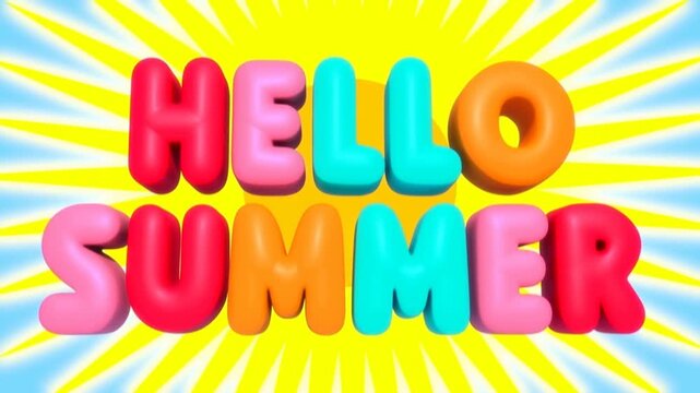 Zoom in dolly shot of colorful 3d letters spelling hello summer with radial sunburst background enlarging and centering in frame