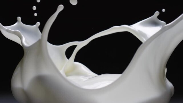Slow motion closeup of milk splash colliding and forming arcs in studio bowl against black background
