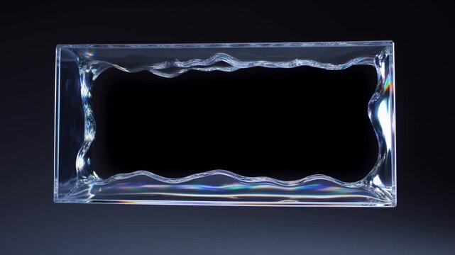 Slow motion close up of liquid wave rippling inside rectangular glass frame on dark studio background isolated product display
