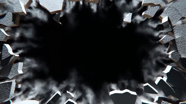 Slow motion tracking shot of concrete wall shattering outward to create jagged hole with flying rubble and rising dust smoke inside industrial interior studio set