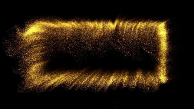 Slow motion static shot of golden particles forming rectangular frame on black background in abstract digital space
