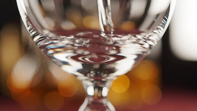 Closeup of clear liquid being poured into a crystal glass.