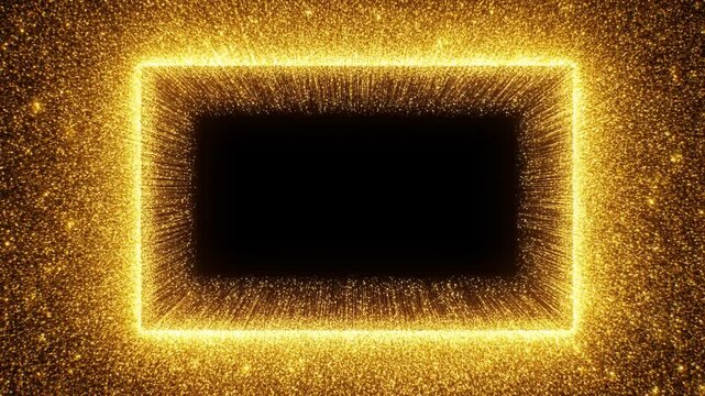 Panning shot of three glowing rectangular particle frames pulsing and expanding across dark studio background in continuous loop