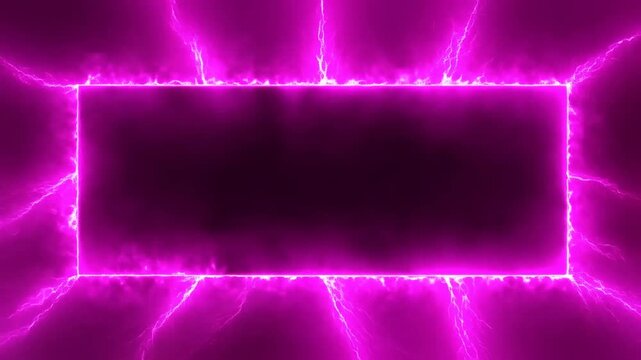 Static shot of neon electric rectangular frame pulsing with magenta lightning and glowing border against dark background for futuristic sci fi energy design