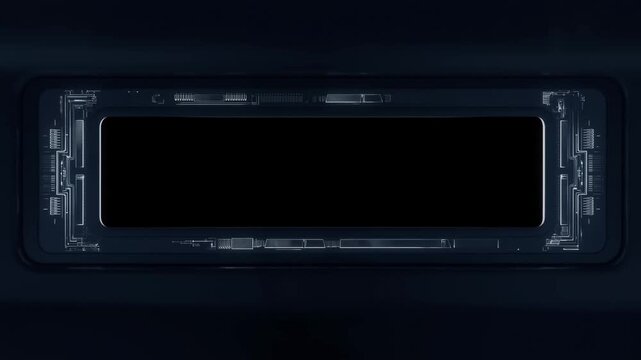 Tracking shot of rectangular display panel revealing illuminated circuit interface inside dark industrial control room corridor
