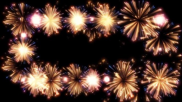 Static shot of fireworks bursts forming circular frame border exploding and pulsing against black night sky for celebration display