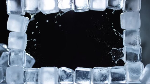 Slow motion close up of ice cubes colliding and splashing to form rectangular frame against black studio background
