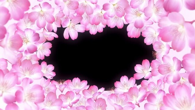 Slow tracking zoom of pink cherry blossom petals swirling to form floral frame around dark center on white studio background