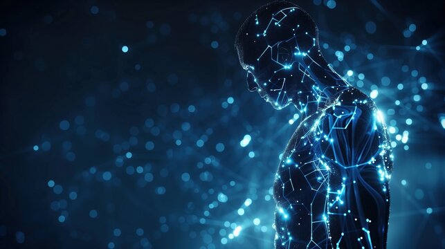 Human silhouette with glowing highlighted joints and eye, autoimmune disease systemic connection uveitis linked to rheumatoid arthritis, blue and white bioluminescent medical visualization