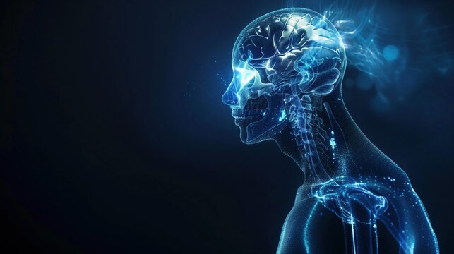 Human silhouette with glowing highlighted joints and eye, autoimmune disease systemic connection uveitis linked to rheumatoid arthritis, blue and white bioluminescent medical visualization