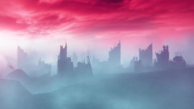 Slow tracking shot of ruined city skyline emerging through dense fog with pink magenta sky over post apocalyptic wasteland