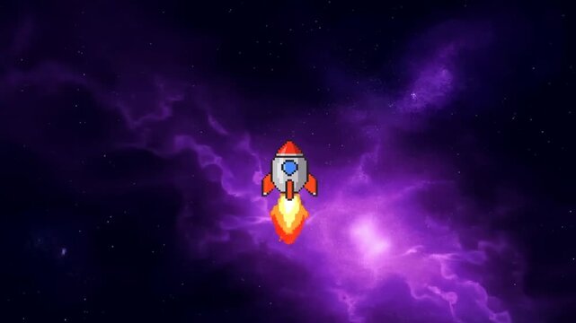 Tracking panning shot of pixel rocket ascending across purple nebula in outer space with retro arcade sprite over starfield background