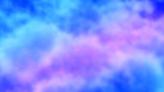 Slow pan of colorful nebula clouds drifting across deep space cosmic background with soft glowing purple and blue hues