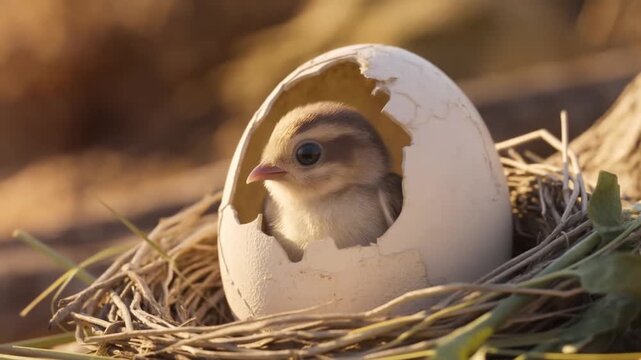 Slow motion close up of baby bird emerging from cracked eggshell in grassy nest with warm golden hour sunlight
