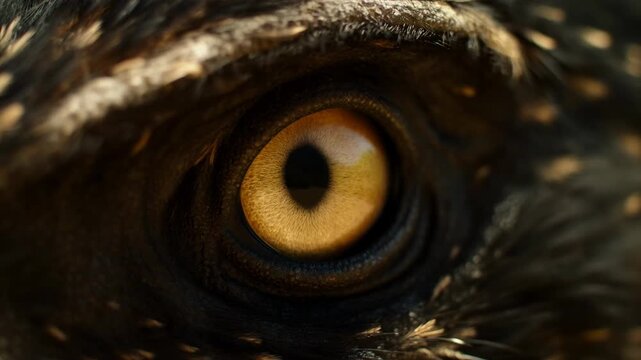 Slow zoom tracking close up of raptor eye focusing on iris and surrounding feathers on bird head in wildlife close portrait study