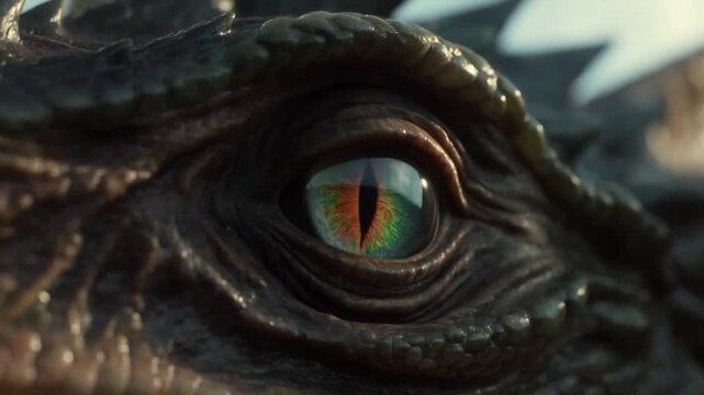 Slow motion tracking close up of reptile eye blinking with colorful iris on textured scaly skin in sunlight on rocky outdoor terrain