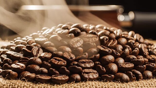 Closeup of steaming roasted coffee beans on burlap.