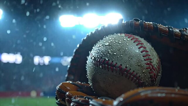 A close-up of a wet baseball in a glove under stadium lights and rain