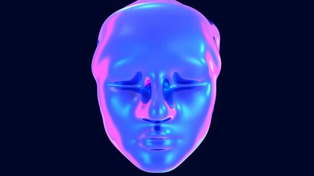 Slow motion tracking shot of iridescent 3d human face rotating and morphing against dark minimal studio background isolated
