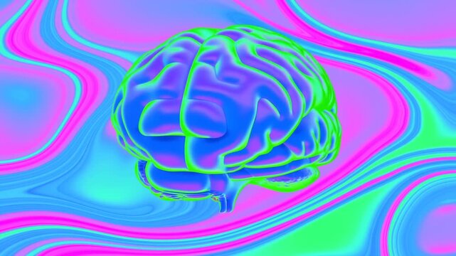 Slow motion tracking shot of rotating neon brain floating over psychedelic fluid swirl background in studio environment