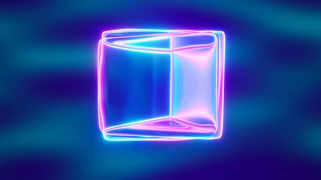 Slow rotation tracking shot of neon wireframe cube slowly rotating and morphing while floating over dark blue gradient background