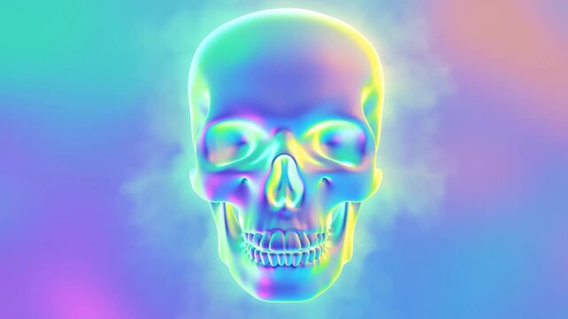 Slow motion static frontal view of iridescent human skull hovering and pulsing with glowing vapor against pastel gradient background