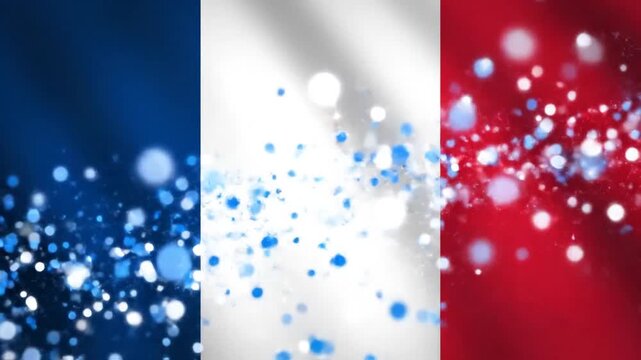 Celebrate Bastille Day with a vibrant French flag waving with sparkling bokeh lights and festive particles