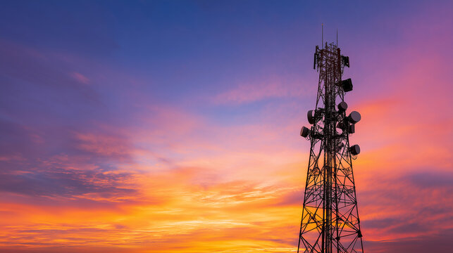 Telecommunication tower against colorful sunset sky, wireless network infrastructure concept with antennas, mobile signal, 5G communication, digital connectivity and modern technol