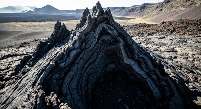 Jagged Volcanic Rock Formation in Stark Landscape