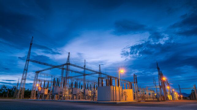 Electrical power substation with transformers and high voltage lines at blue hour, energy infrastructure concept, electricity grid, industrial engineering, utility network and mode