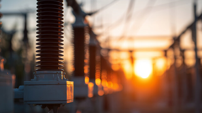 High voltage insulators at electrical substation during sunset, power grid infrastructure concept, electricity transmission, utility engineering, energy distribution and industrial