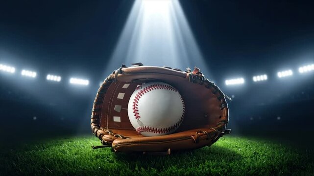 Baseball sits in a leather glove on stadium grass, illuminated by spotlights