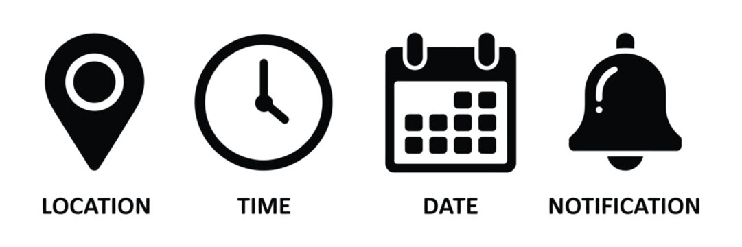 date time address and notification icon set, calendar address location pointer and alarm bell icons, notice alert schedule time clock vector illustration for ui and app design.
