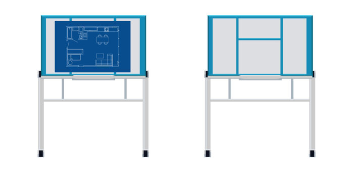 Vector engineering drawing board constructor. Flat design drafting table with blueprint and blank white board. Professional architect or engineer workspace equipment for technical projects.