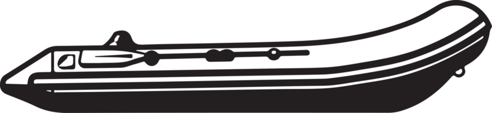 Inflatable boat, rubber dinghy, black and white, vector illustration, nautical icon