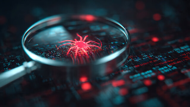 Magnifying glass examining a glowing red spider-like digital threat on dark code matrix, cybersecurity concept for data security, malware detection and tech vulnerability analysis