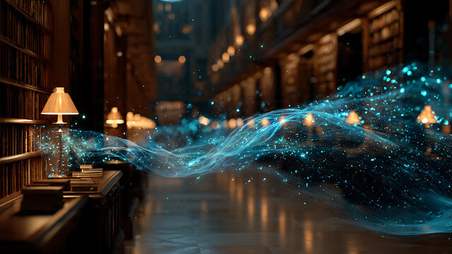 Magical blue energy particles flowing through an ancient library with glowing lamps and bookshelves, suitable for fantasy and storytelling themes