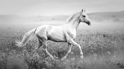 Fototapeta premium Majestic white horse trotting through a misty poppy field
