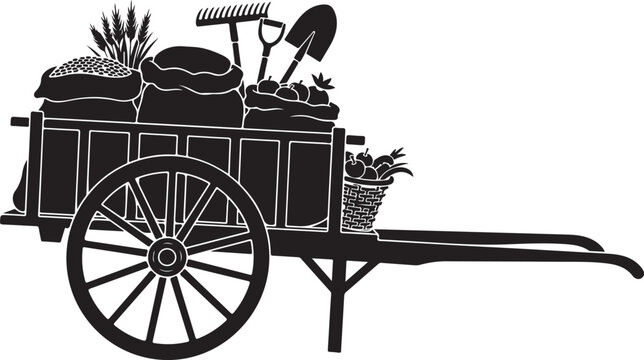 Gardening cart, wheelbarrow, garden tools, black silhouette, vector illustration, gardening equipment, plants