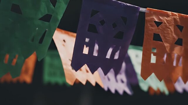 Vibrant green purple and orange Papel Picado banners with intricate cut-out designs hanging festively against a dark background symbolizing traditional Mexican celebration.