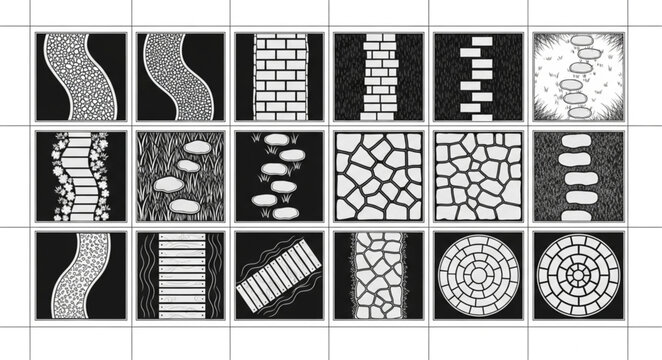 Collection of various stone and brick pathway textures.