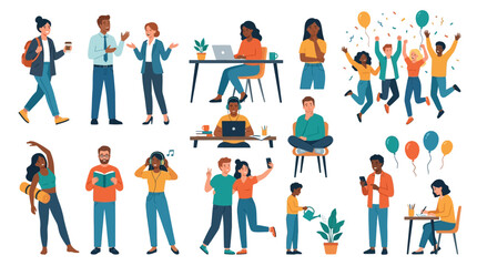 Fototapeta premium Diverse group of people enjoying various activities, celebrating, working, and relaxing in a vibrant illustration