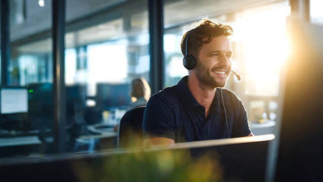 Smiling professional man wearing headset in modern office with warm backlighting and lens flare, concept for customer service, tech support and business communication