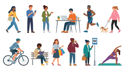 Fototapeta premium Diverse group of people engaged in various everyday activities, including commuting, exercising, shopping, and leisure, representing a vibrant urban lifestyle
