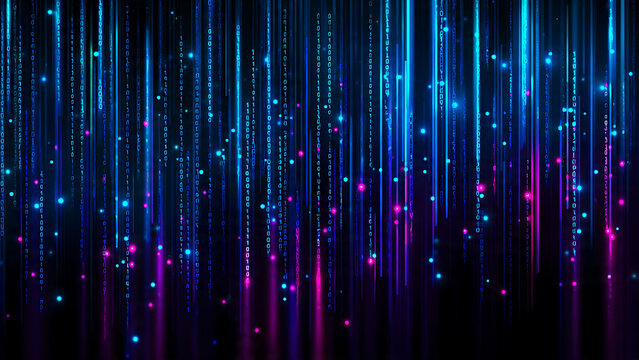 Vibrant blue and purple digital data streams with binary code and glowing particles, concept for technology presentations, cyber security campaigns and futuristic background design