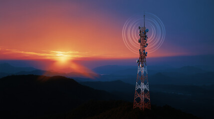 Obraz premium Telecommunication tower on mountain at sunset with glowing signal waves, wireless network and 5G connectivity concept, rural telecom infrastructure, mobile data, communication tech