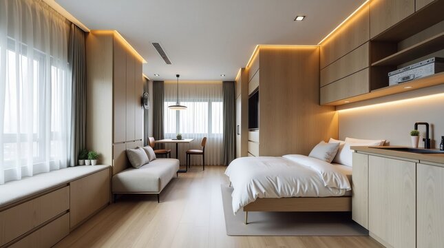 Interior de apartamento peque&ntilde;o con elegantes muebles transformables