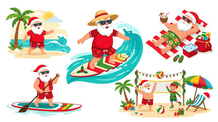 Naklejka premium Vibrant cartoon illustrations showcasing Santa Claus enjoying a tropical summer vacation, participating in beach activities like surfing, paddleboarding, and relaxing with an elf