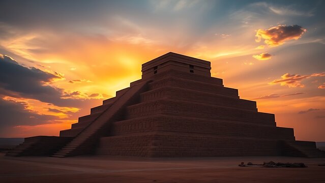 A massive stepped ziggurat ruin under a dramatic sunset sky, silhouette view.